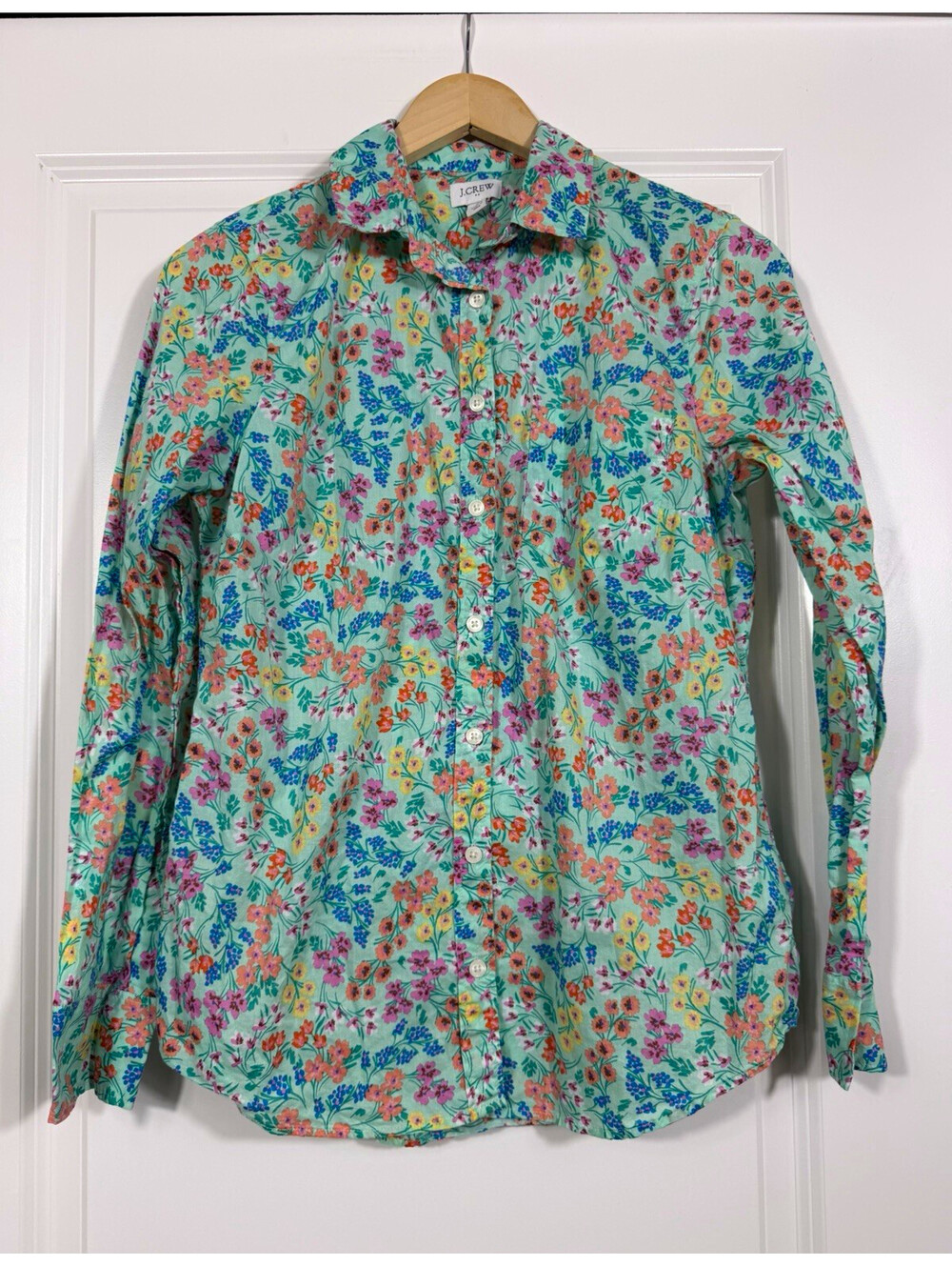 J.Crew Button-Down Shirt S Mint Green Floral Print Cotton Cottagecore Casual